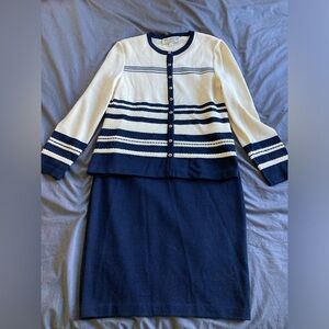 LKNW St. John 4 Dress Suit Cardigan Jacket Wool Knit Navy/Cream